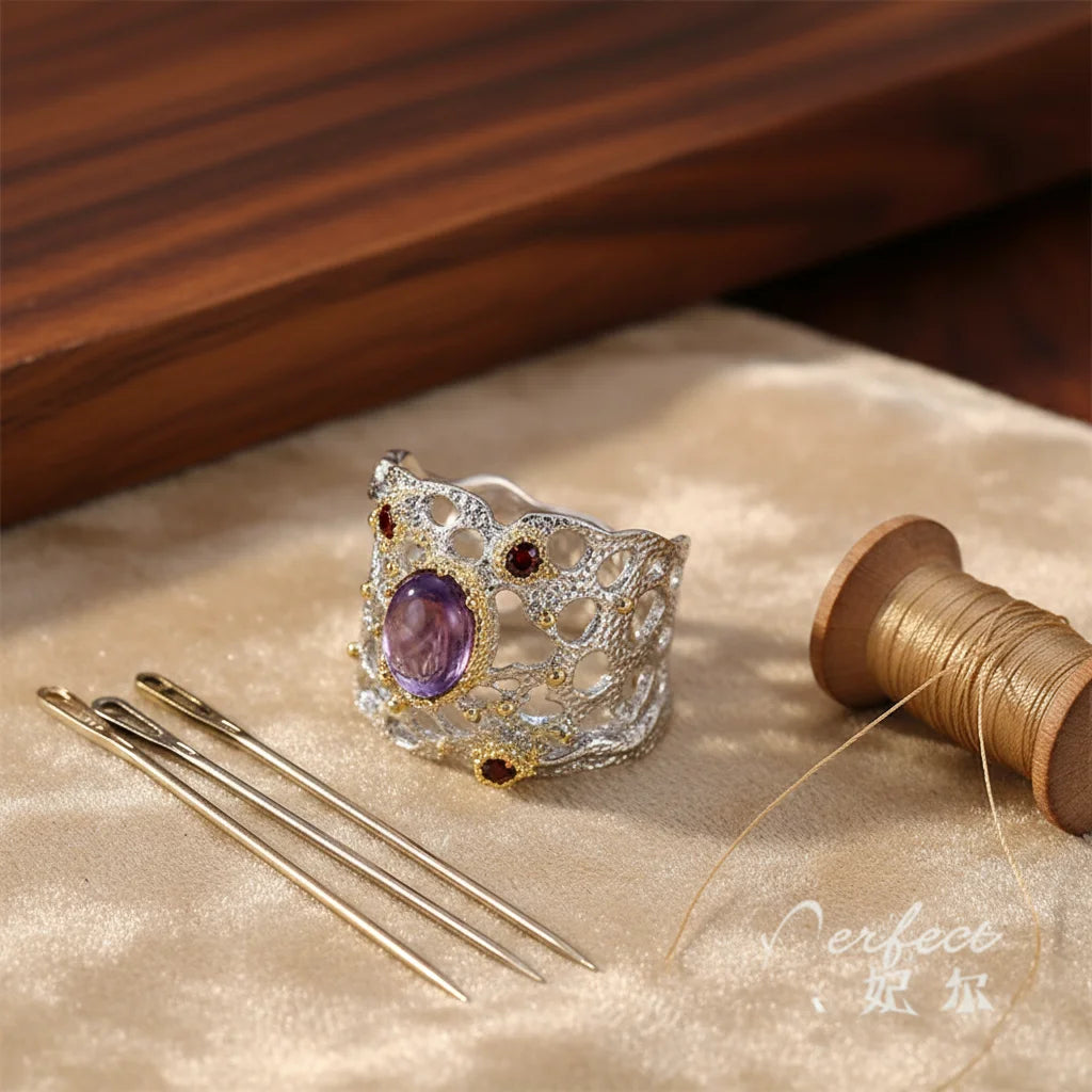 Fashion Hollow Design 925 Sterling Silver Rings with Amethyst Garnet Stone