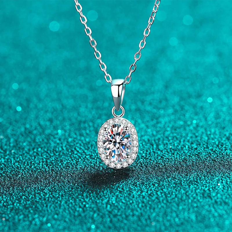 Fine Jewelry 925 Sterling Silver Bezel Set Oval Cut 3 Carat Colorful Moissanite Diamond Halo Pendant Necklaces Women