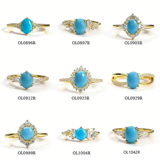 Gemfiori Abiding Classic Design 925 Silver Yellow Gold Plated Turquoise Rings Stacking Synthetic Gemstone Turquoise Ring in Stock