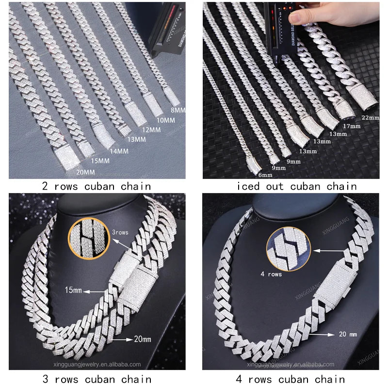 Lowest Price Hip Hop 2Row Diamond Vvs Diamond Link Chain Rapper S925 Silver  Cuban  Moissanite Necklace