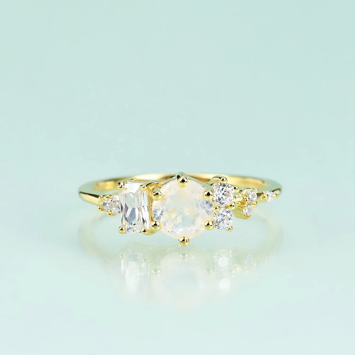 Gemfiori OL1004 Abiding Unique Design Fancy Cut Multi-Shaped Colored Gemstones Natural Moonstone 925 Sterling Silver Cluster Ring