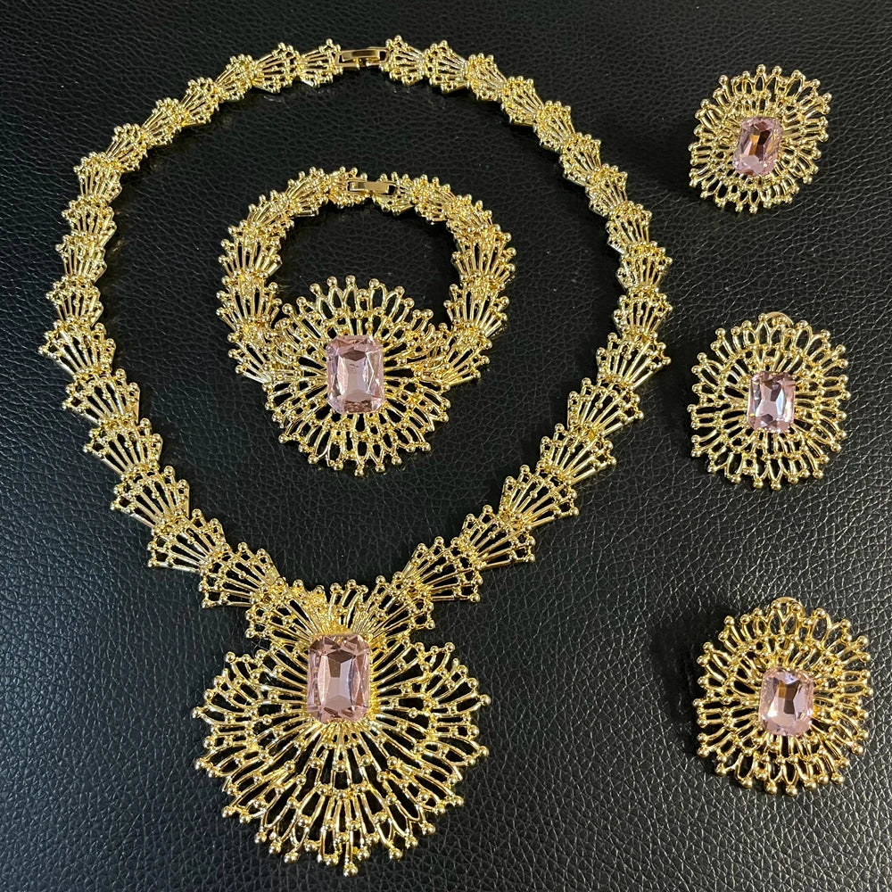 Zhuerrui Vintage Sunflower Gold Plated Jewelry Set Emerald Pink Stone Women Necklace Earrings Bracelet Ring for Banquet I0088