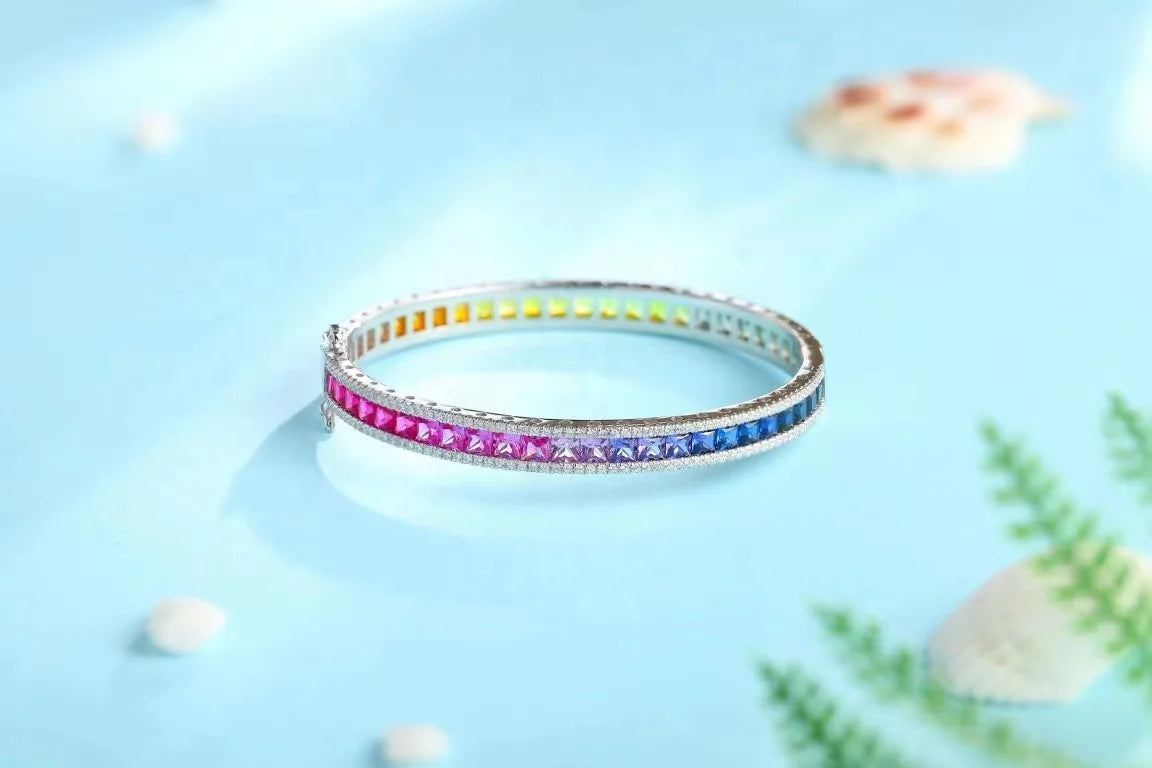 Gemfiori Anster Factory Price Trendy Princess Tennis Bracelet S925 Silver Hand Chain with Colored Sapphire Gemstones Fashion Bracelet