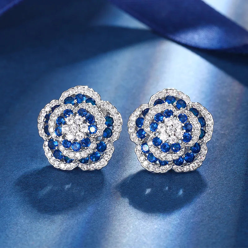 Gemfiori French Retro Exquisite Sparkling Three-dimensional Blue Camellia Pendant Ring Earrings Light Luxury Elegant Set