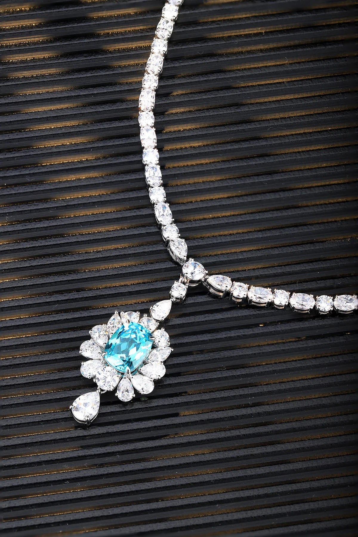 Gemfiori S925 Silver Luxury Lab Created Gemstone Necklace High Quality Women's Cubic Zirconia Lab Grown Paraiba Pendant Necklace