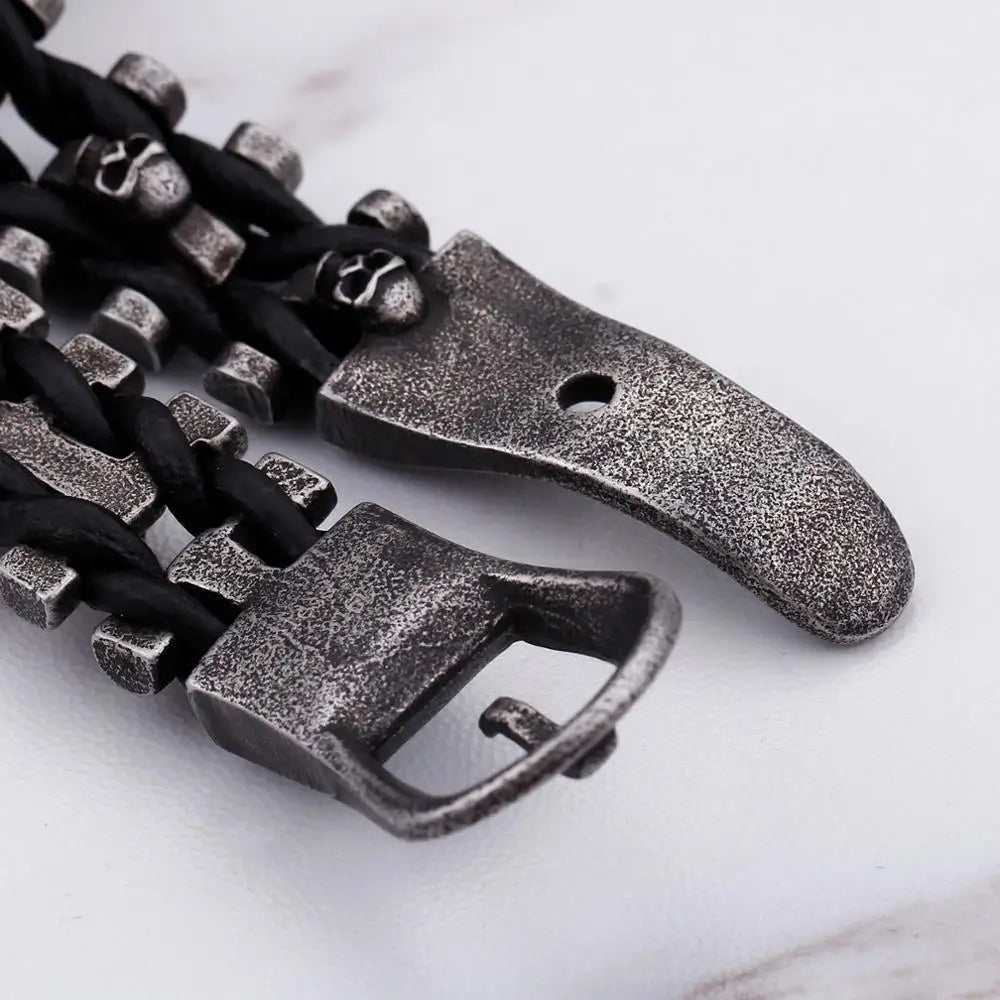 KALEN Charm Mens Skull Jewelry Leather Rope Braided Bracelet Handmade Stainless Steel Black Matte Punk Bracelets for Men