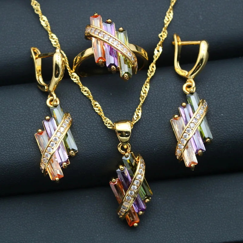XOTICA Multicolor Zirconia Gold Women's Custom Wedding Jewelry Set Includes Earrings Pendant Ring Gold Necklace for Parties