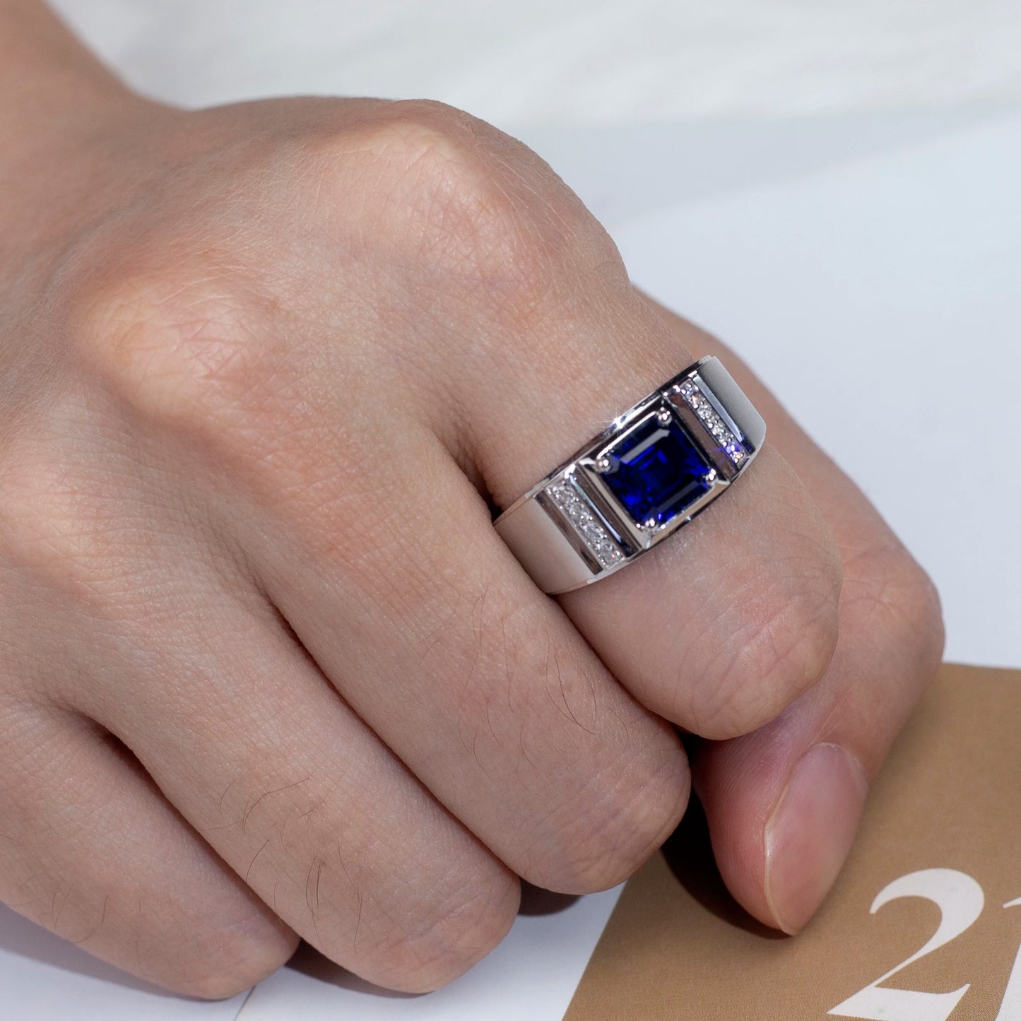Messi Jewelry MSR-1187 Custom 18K White Gold Asscher Lab Sapphire Gemstone Men Rings