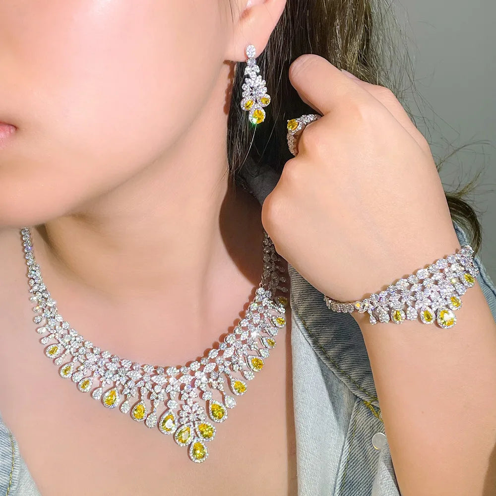 Saudi Arabia Yellow Cubic Zircon Crystal Luxury Dubai Wedding Bridal Jewelry Set Big Tassel Necklace for Women Engagement