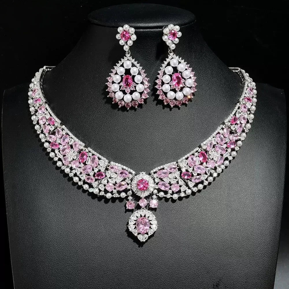 Bella Viva Luxury Pink Bridal Jewelry, Platinum Plated Brass & Cubic Zirconia Necklace and Earring Sets, for Wedding and Party