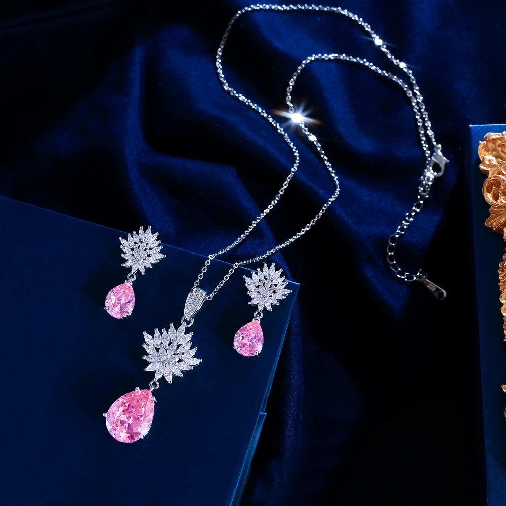 Gorgeous Pear Cut Cubic Zirconia Necklace and Earrings Engagement Pink Pendant Jewelry Set for Women Dairy Wear Accessories