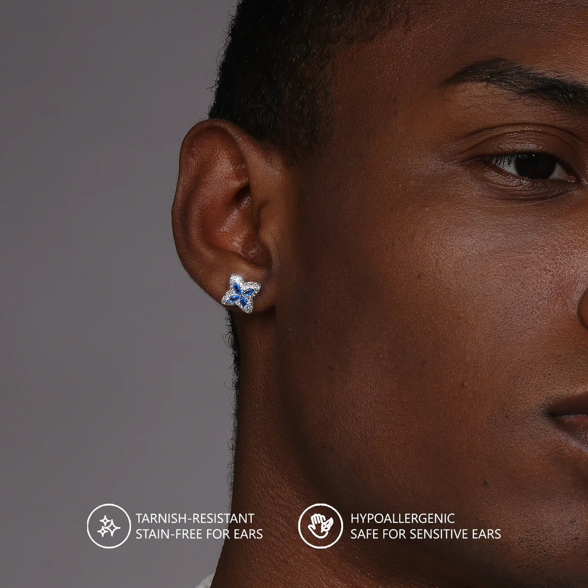 REBEL Blue CZ Stud Earring Simulated Sapphire Hip Hop Jewelry 14K Gold Plated 925 Sterling Silver Hypoallergenic Iced Out Earring