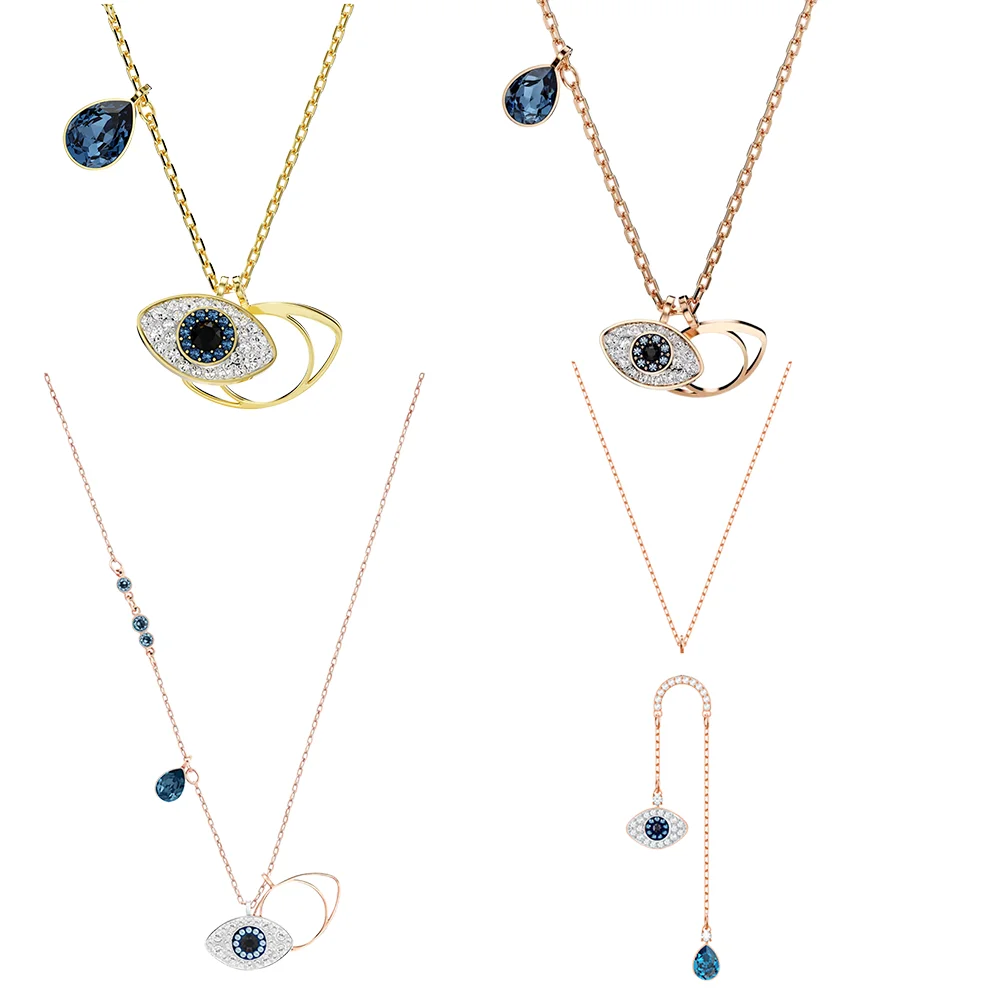 S&S Dainty Sparkling Blue Crystal Eye Necklace, Multitone Metal Layered Eye Charm Pendant Daily Ladies Fashion Jewelry