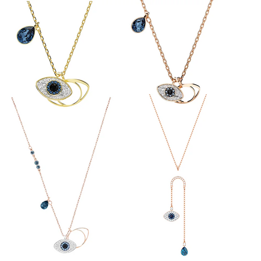 S&S Dainty Sparkling Blue Crystal Eye Necklace, Multitone Metal Layered Eye Charm Pendant Daily Ladies Fashion Jewelry