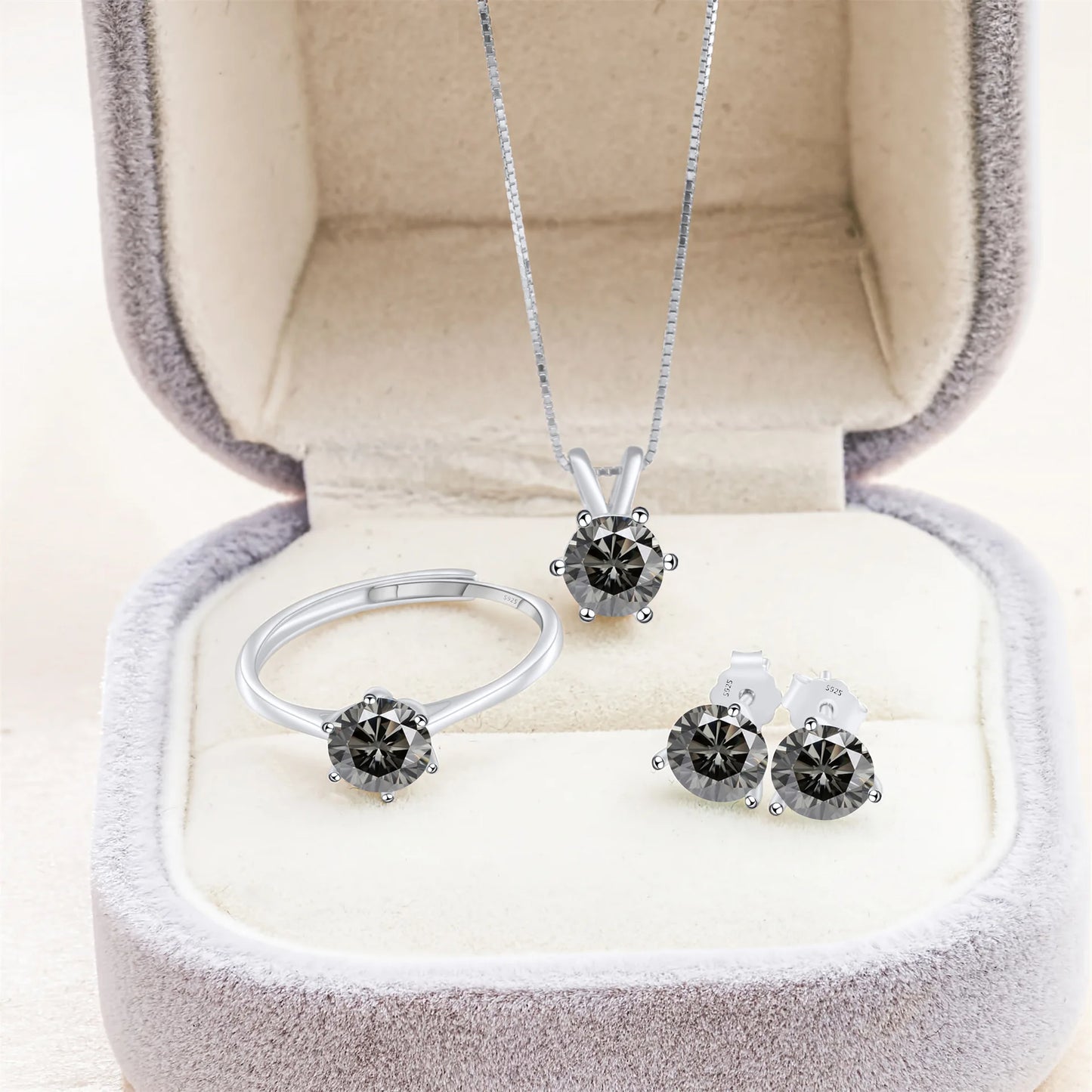 Simple D Color VVS1 GRA 1CT Round Cut Colored Moissanite Jewelry 925 Silver Wedding Ladies Necklace Earrings Ring 3 Piece Sets