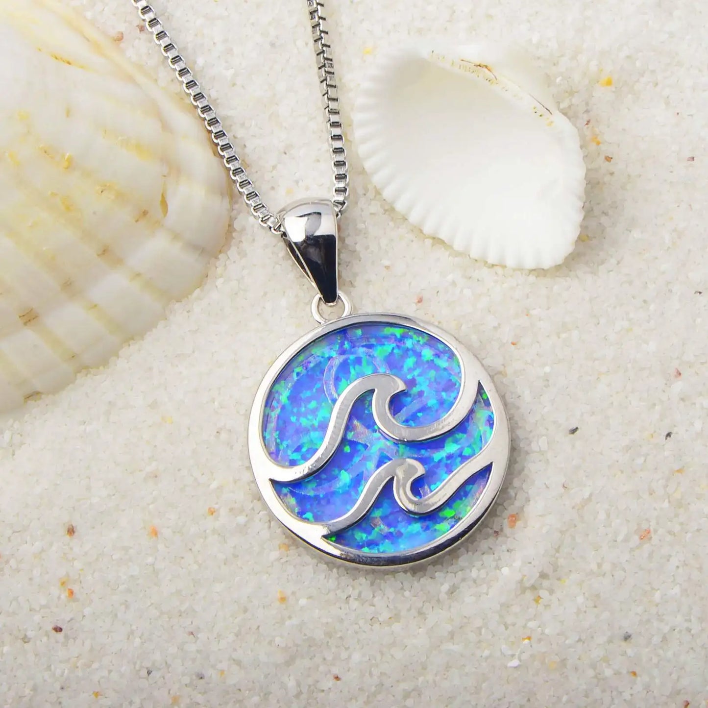 Copper Ocean Wave Opal Disc Pendant Necklace-Silver Plated Lariat Blue Fire Opal Inlay | Coastal Minimalist Jewelry Bulk Gifts