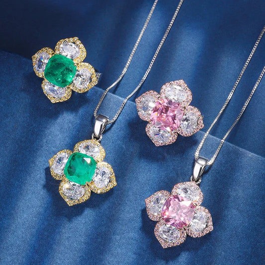 Gemfiori New Popular and Explosive Jewelry European and American Retro Inlaid square Emerald pink Zircon Flower Set