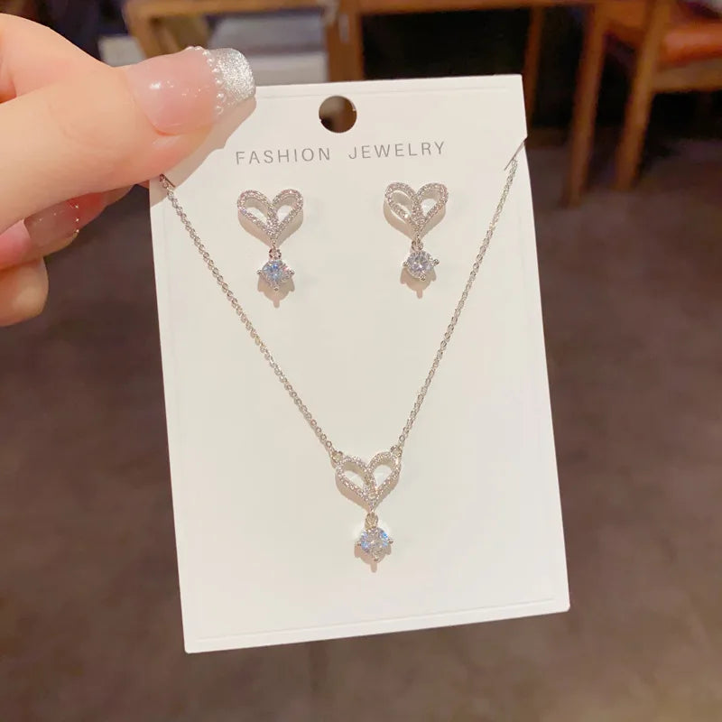 High Quality Fashion Luxury Heart Zircon Necklace and Earrings Set Classic Real Gold Plated Jewelry Set for Women