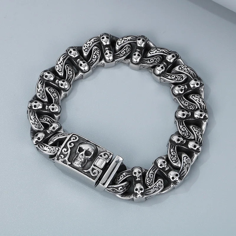 KALEN 220mm Men Punk Stainless Steel Skull Pattern Clasp&Links Bracelet