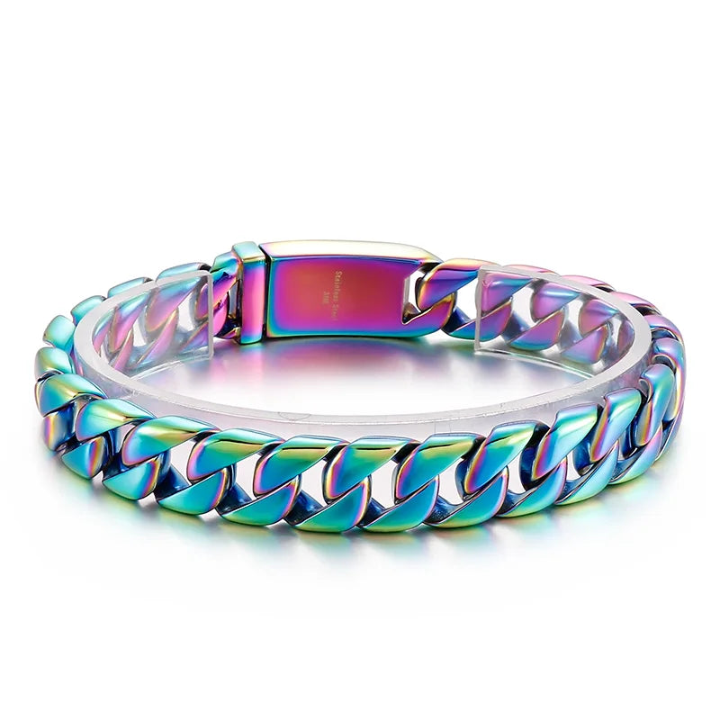KALEN 215/220/230mm Blue/Rainbow Stainless Steel Hip-hop Cuban Link Bracelets