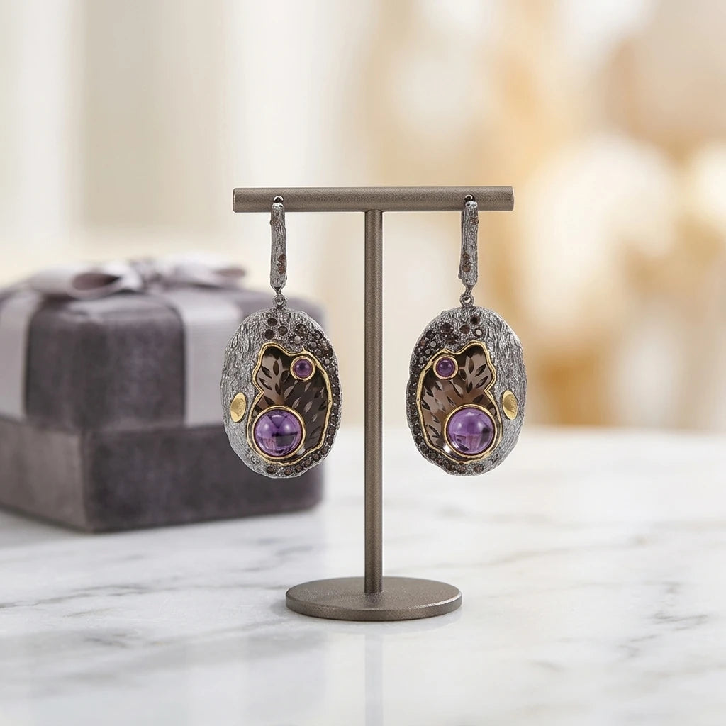 Vintage Amethyst Stone 925 Sterling Silver Black Gold Plated Pendant Earrings for Wedding & Party Gift