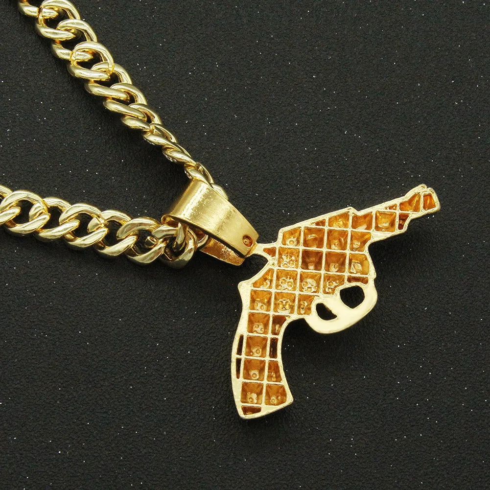 Hip Hop Jewelry 14k Gold Plated Gun Pendant Iced Out Diamond Cuban Chain Necklace for Men Fashion Jewelry