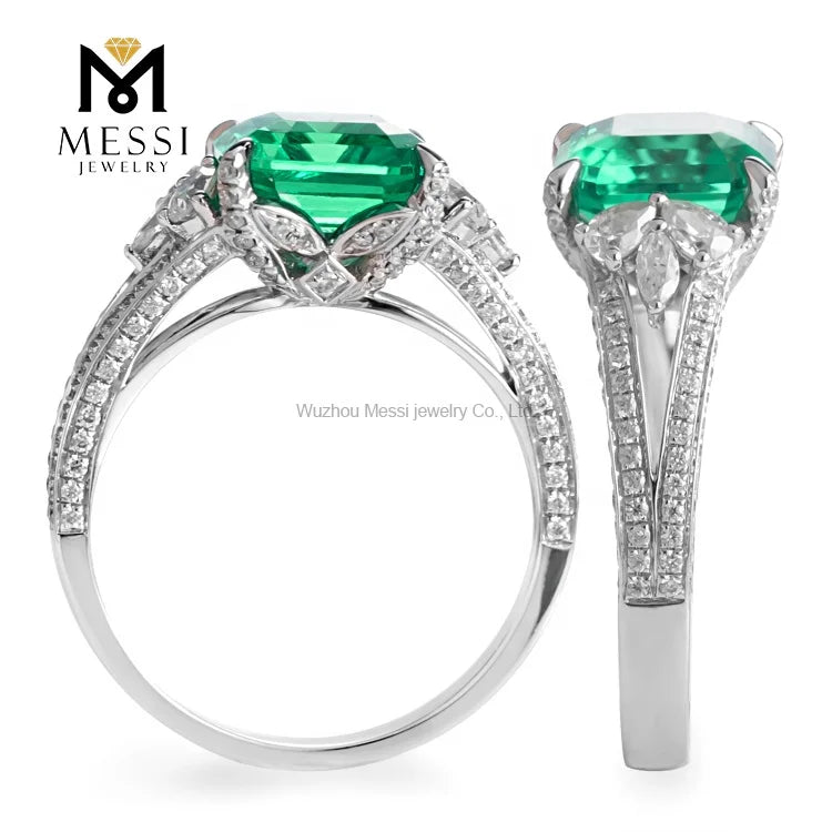Gemfiori MS-230 Messi Jewelry Price 18k White Gold 3 Carat Asscher Cut Lab Created Emerald Engagement Ring
