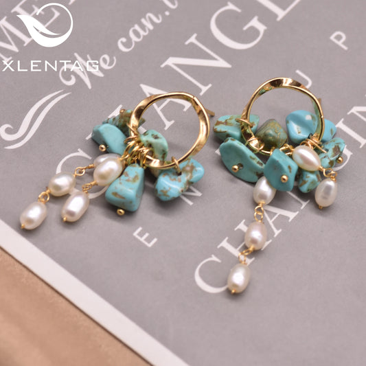 Handmade Earrings Natural Freshwater Pearl Turquoise Drop Earrings Ear Pin Material Bohemian Jewelry