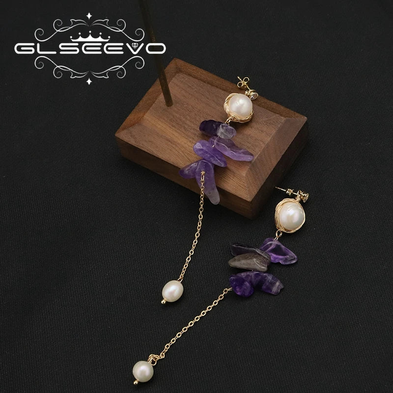 Amethyst Freshwater Pearl Handmade Wire Wrapped Dangle Earrings Chain Fashion Charm Luxury Earrings Women Jewelry