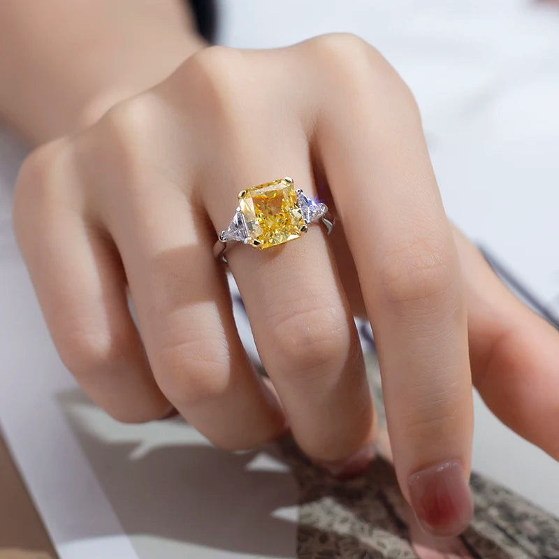 Messi Jewelry MSR-958 High Carbon Cubic Zircon Yellow Diamond Ring Jewelry S925 Radiant Cut  Engagement Wedding Ring