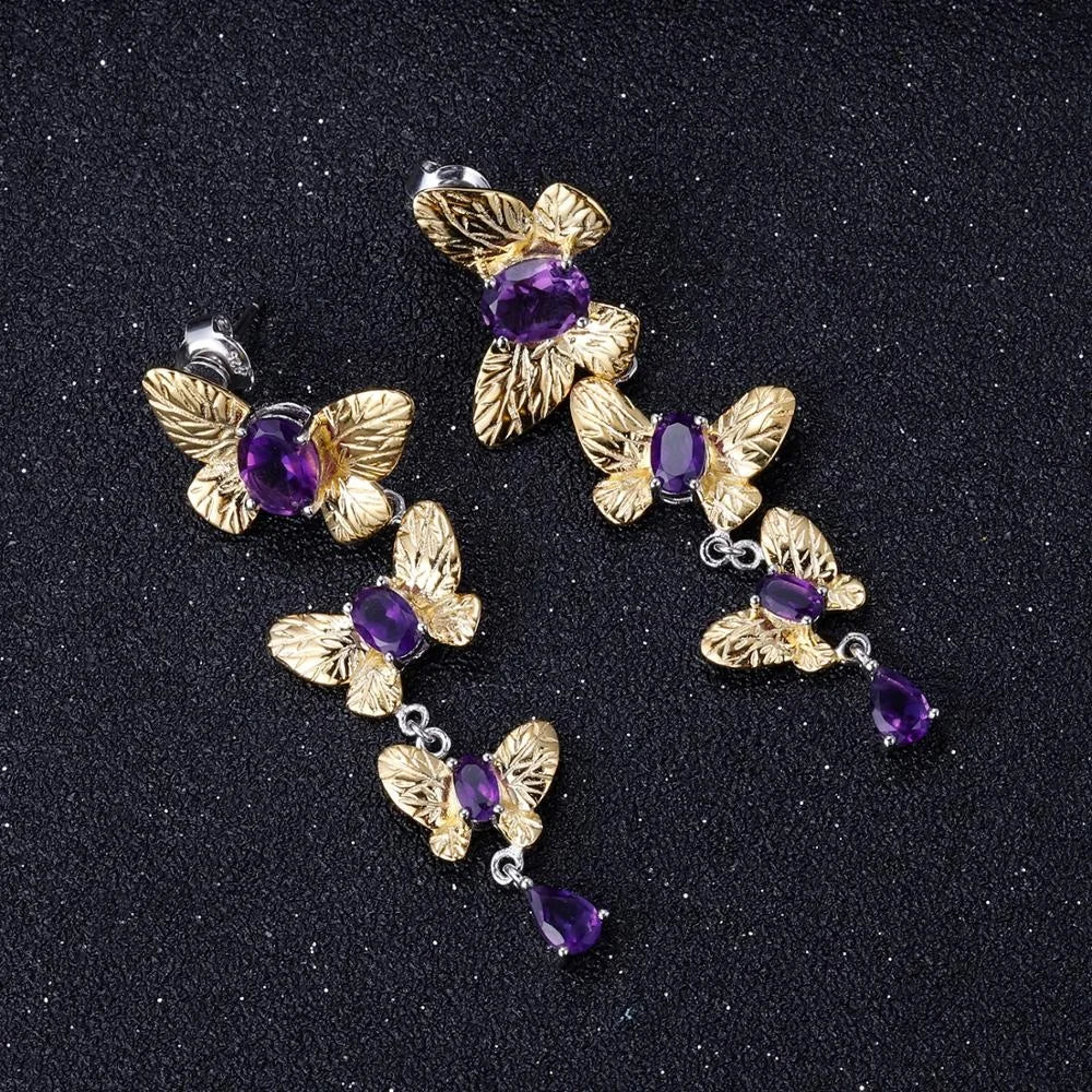 ArtistA C7751 Abiding Factory Natural Amethyst S925 Silver Gold Plated Butterfly Dangle Earrings Adjustable Ring Jewelry Set