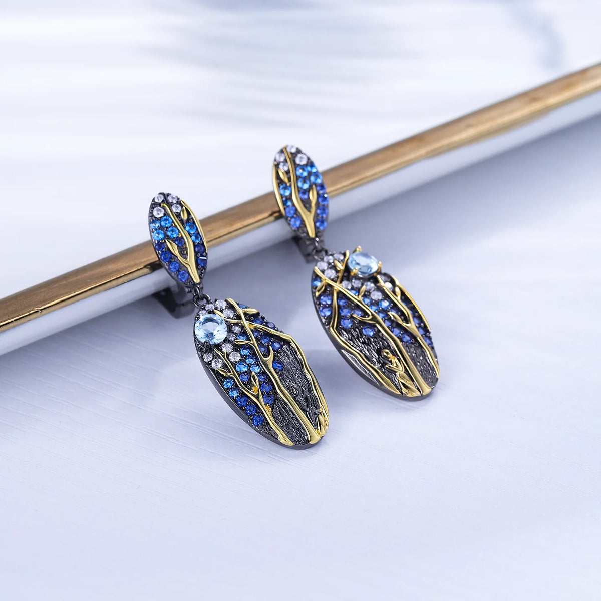 ArtistA C8206 Abding Black Gun Plated 925 Sterling Silver Elegant Sky Blue Topaz Gemstone Jewellery Set Big Drop Earrings Pendant Ring
