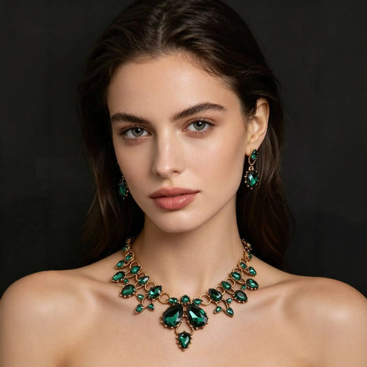 XM S394 Gold Plated Marquise Topaz Sparkling Floral Necklace & Earrings Bridal Set