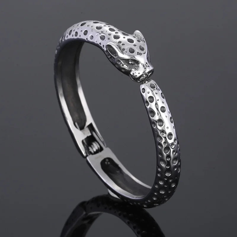 REBEL Unisex Fashion Stainless Steel Leopard Head Charms Open Cuff Bangle Bracelet