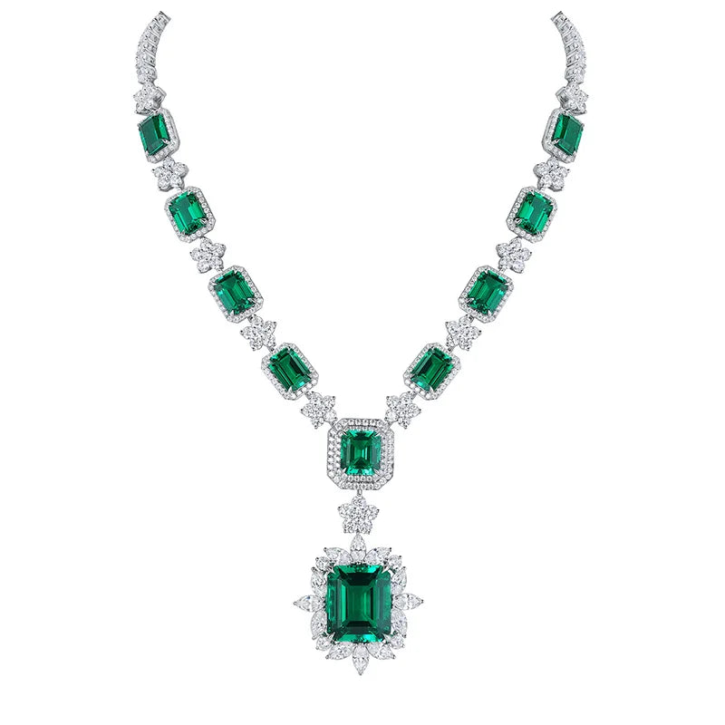 S&S Lab-Grown Gemstone Geometric Statement Necklace – Emerald & Paraiba – 925 Silver – Collection