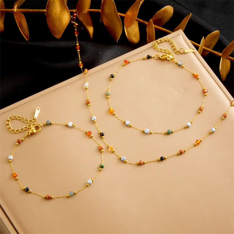 Gold Beaded Chain Necklace, Bracelet & Anklet Jewellery Set | Boho Fashion Set