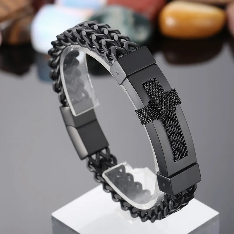 KALEN Men 220mm Silver/Gold/Black Stainless Steel Vintage Herringbone Bracelet With Cross Charm