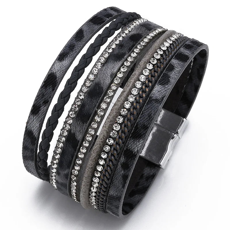 FASHIONISTA Hot Selling Fashion European and American Brick Inlaid PU Leather Magnetic Buckle Natural Leopard Print Ladies Bracelet