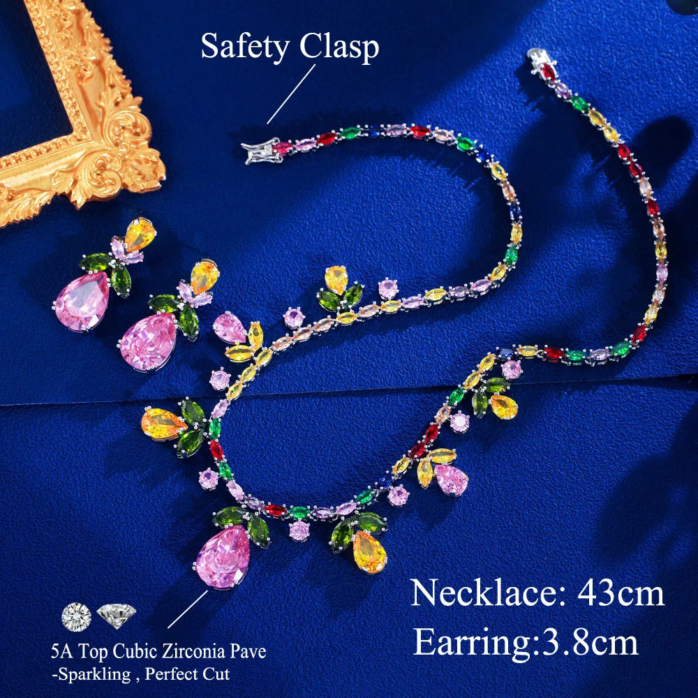 Luxury Cubic Zircon Necklace and Earrings Colorful Jewelry Set for Women Banquet Dress Accessories