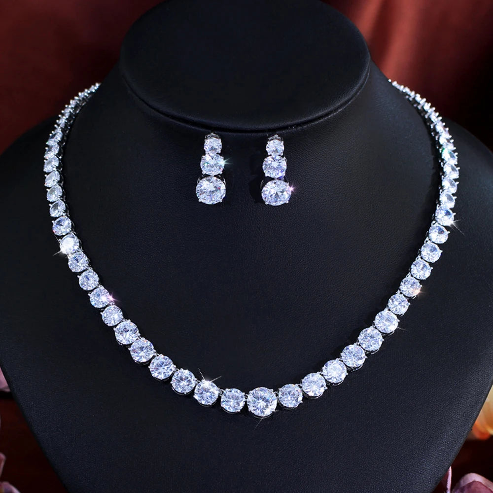 Super Glittering Round Cubic Zirconia Tennis Necklace and Earrings Jewelry Set for Women Wedding Bridal Party Engagement Banquet