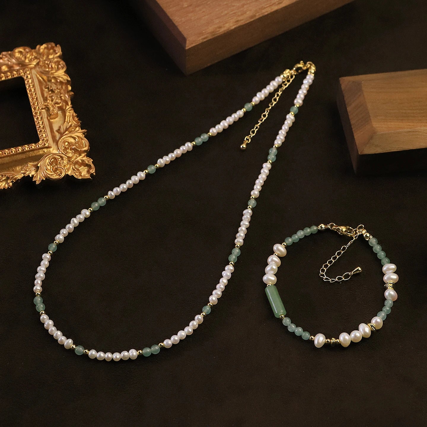 GLSEEVO Natural Freshwater Pearl & Green Aventurine Necklace & Bracelet Set — Bohemian Beaded Jewellery