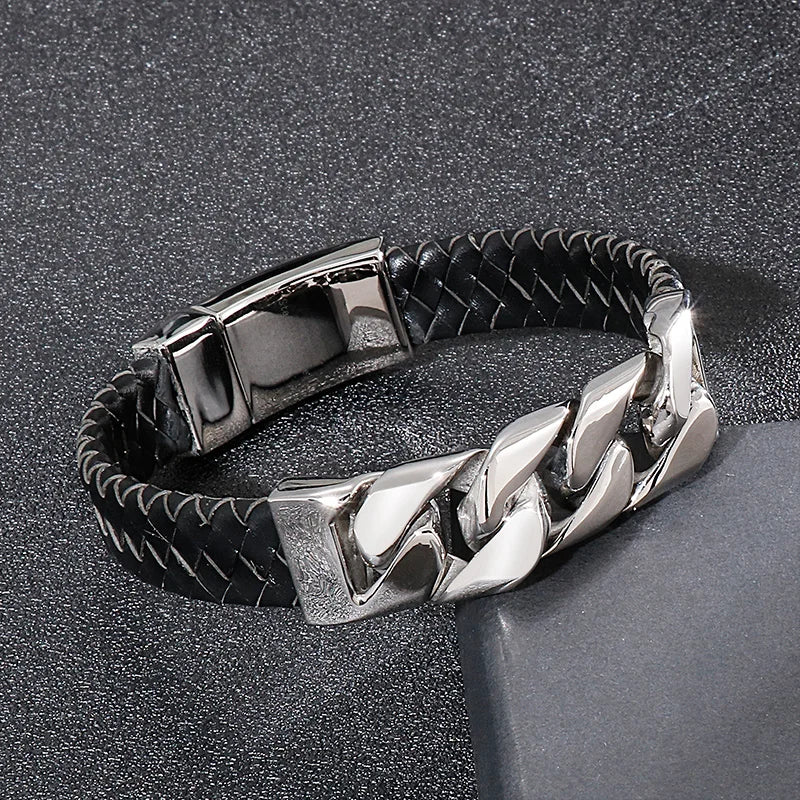 REBEL Vintage Mens Fashion Bracelets Bangles Stainless Steel Cuban Links Leather Bracelet Bangle