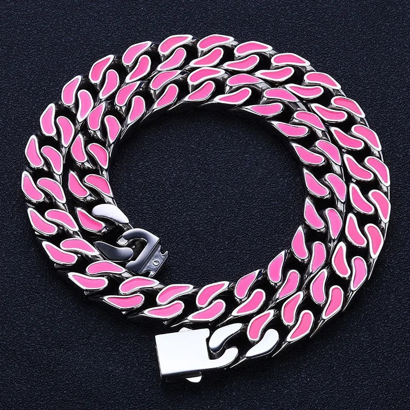 Hip Hop 12mm Colorful Oil Drop Stainless Steel Cuban Chain Niche Necklace Bracelet For Men