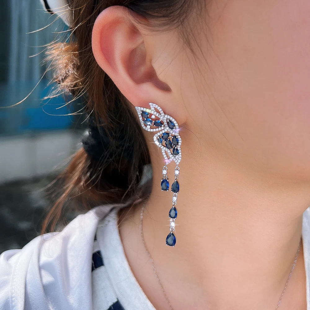 Pretty Royal Blue CZ Zirconia Symmetrical Wing Butterfly Shape Wedding Dangle Drop Earrings for Women Special Occasions Jewelry