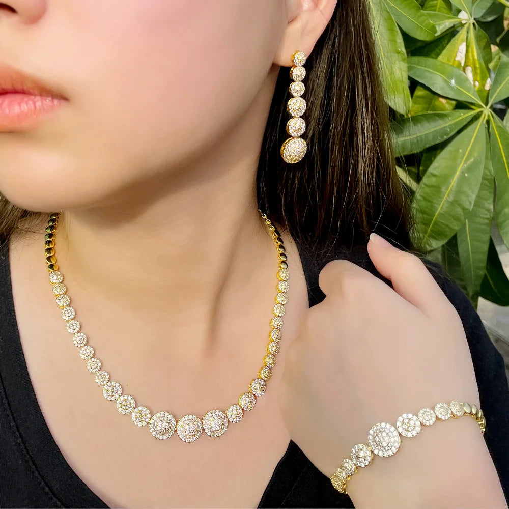 Dubai Gold Plated Cubic Zirconia Stone Luxury Round Shape African Indian Brides Jewelry Sets for Ladies Wedding Bridal Romantic