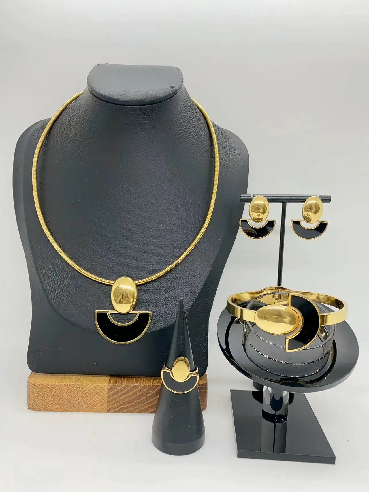 Pearl Choker & Enamel Oil Drop Earrings Jewellery Set | Half-Circle Stainless Steel Fashion Set