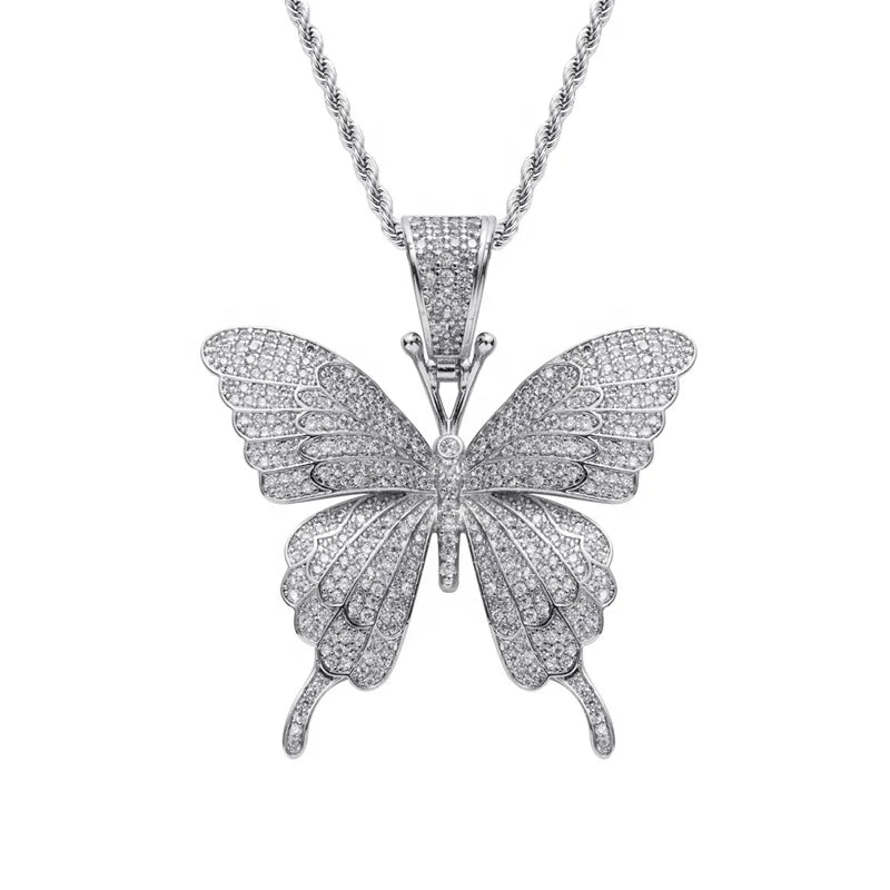 S&S Iced Out CZ Butterfly Pendant Necklace | Gold & Silver | Hip-Hop Jewellery
