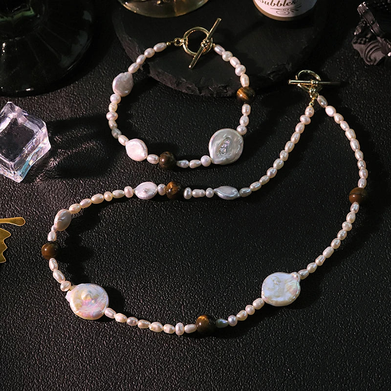 GLSEEVO Natural Freshwater Pearl & Tiger Eye Stone 2-Piece Jewellery Set — Coin Pearl, Seed Pearl & Toggle Clasp Necklace & Bracelet