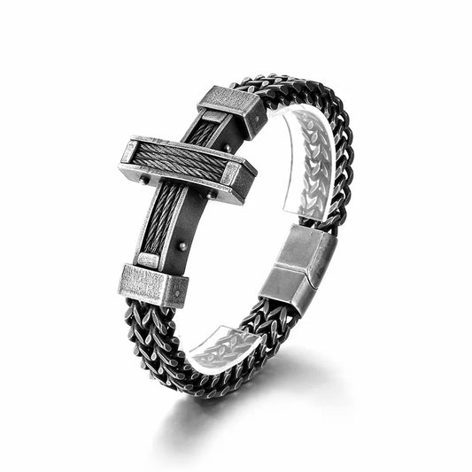 KALEN Men Vintage 220mm Oxidized Black Stainless Steel Christian Cross Herringbone Chain Bracelet