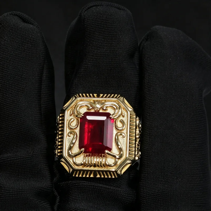 Gemfiori Fine Jewelry S925 Silver 14K Gold Plated Ruby Ring Vintage Carved Rectangle Red Gemstone Ring Wide Band Ruby Ring for Men